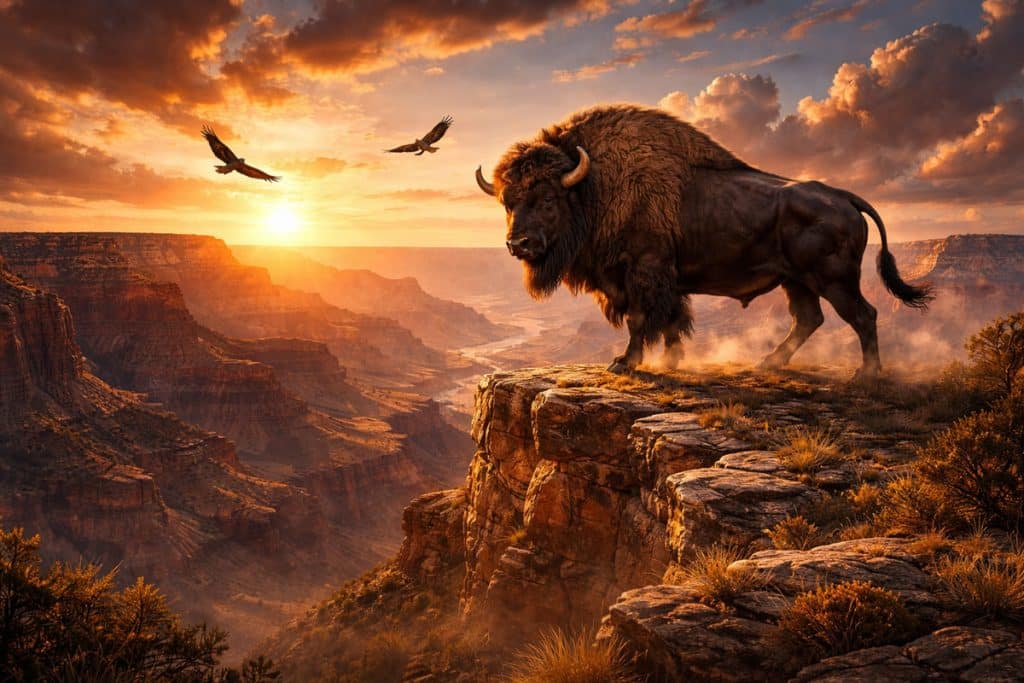 Buffalo King Megaways 테마 이미지, 버팔로와 협곡 풍경 연출