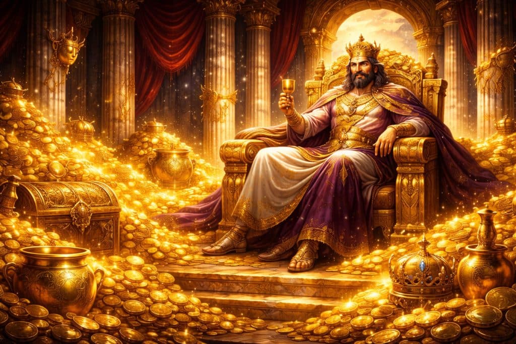 The Hand of Midas 테마 이미지, 황금 왕이 보물 더미와 왕좌에 앉은 연출