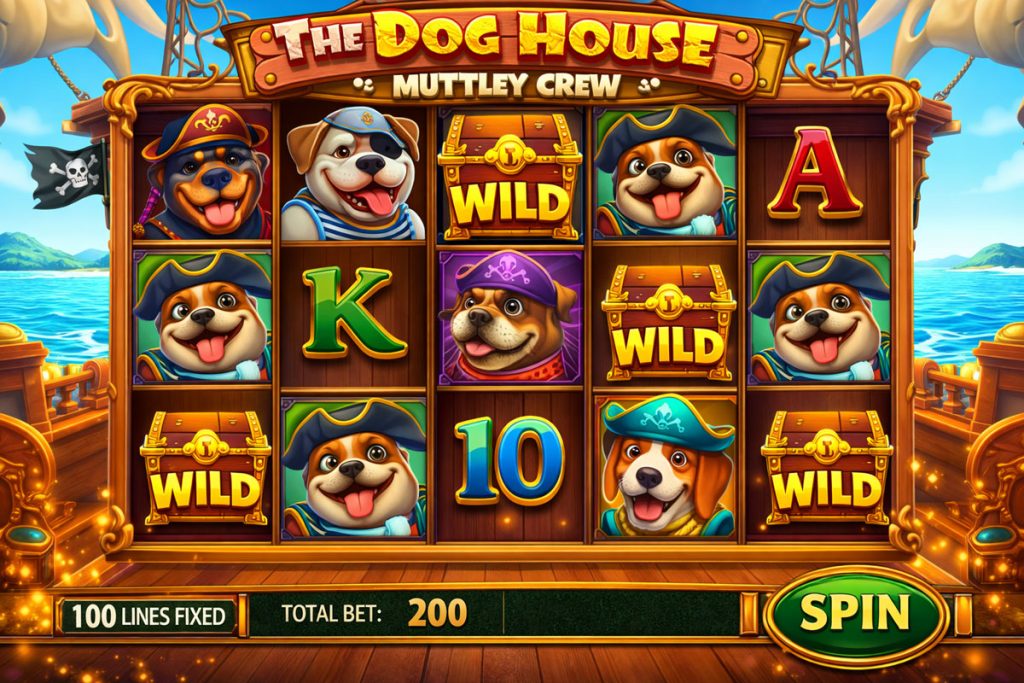 The Dog House – Muttley Crew 기본 화면, 보물상자 WILD 심볼 출현 예시입니다.