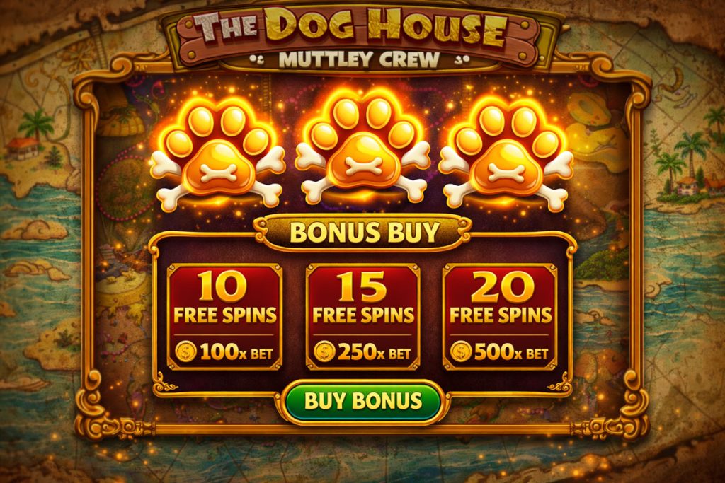 The Dog House – Muttley Crew 보너스 구매 화면, 10·15·20 프리스핀 선택 옵션입니다.