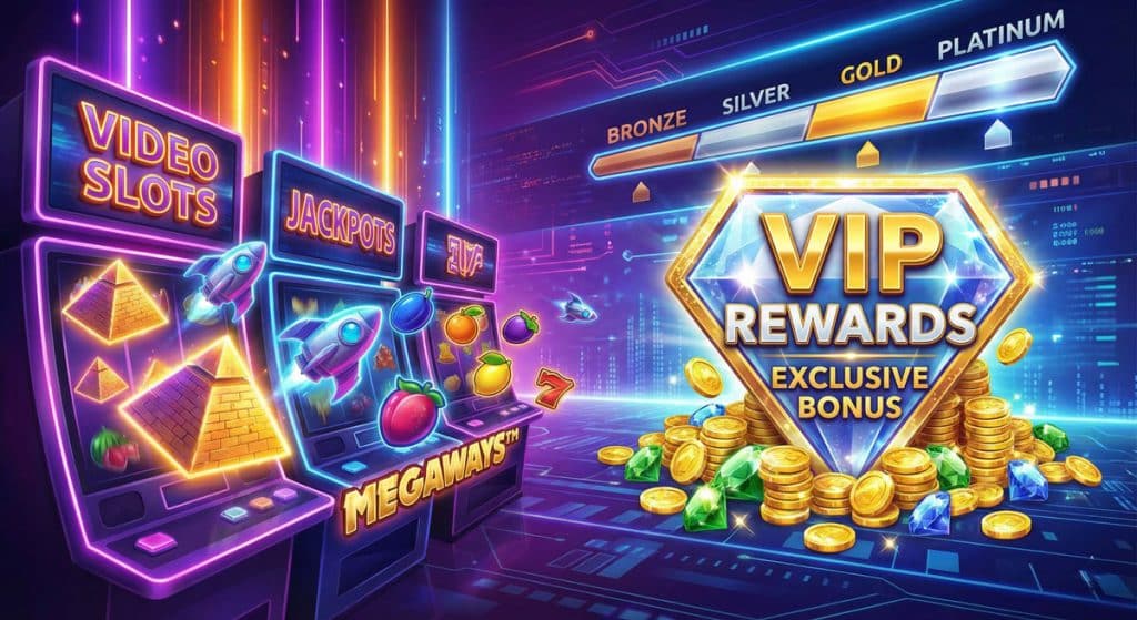 화려한 슬롯머신 기계와 'VIP REWARDS' 문구, 금화와 보석이 쌓여 있는 화려한 카지노 테마 이미지.