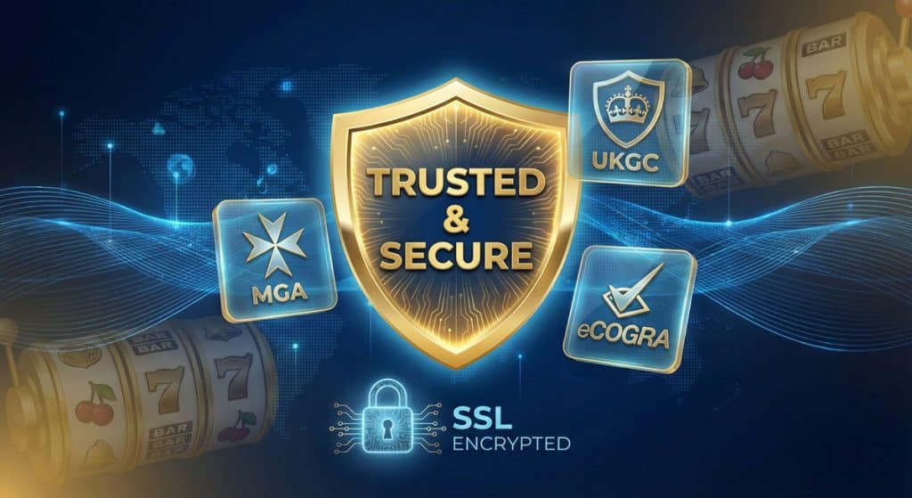 MGA, UKGC, eCOGRA 로고와 'TRUSTED & SECURE' 문구가 강조된 금색 방패 아이콘 이미지.