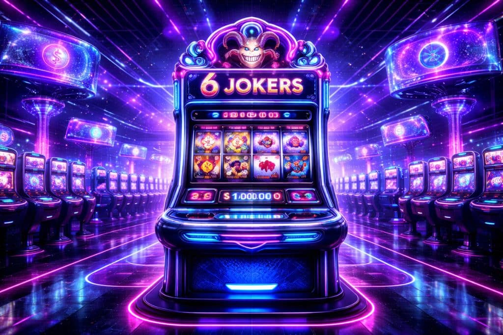 6 Jokers 네온 카지노 홀 중앙에 놓인 슬롯머신 전경(보라·핑크 조명)
