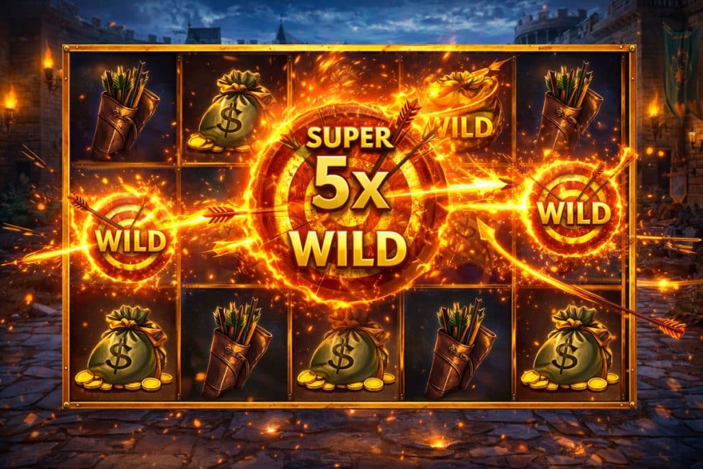 Fire Archer 타깃 와일드와 슈퍼 5배 와일드가 강조된 슬롯 화면