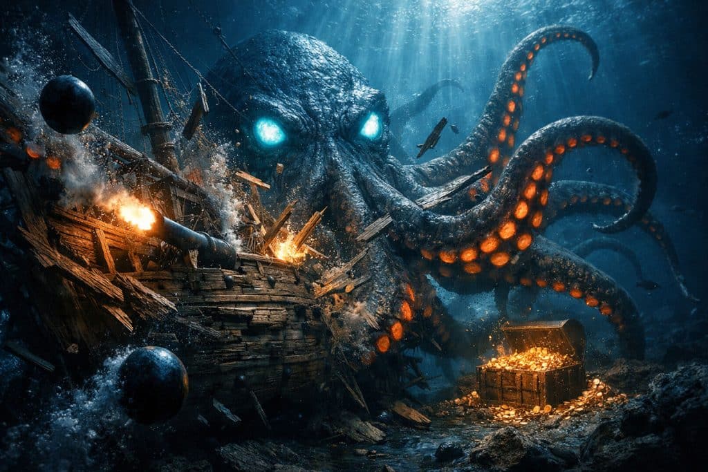 Release the Kraken 거대한 크라켄이 난파선을 공격하는 심해 일러스트